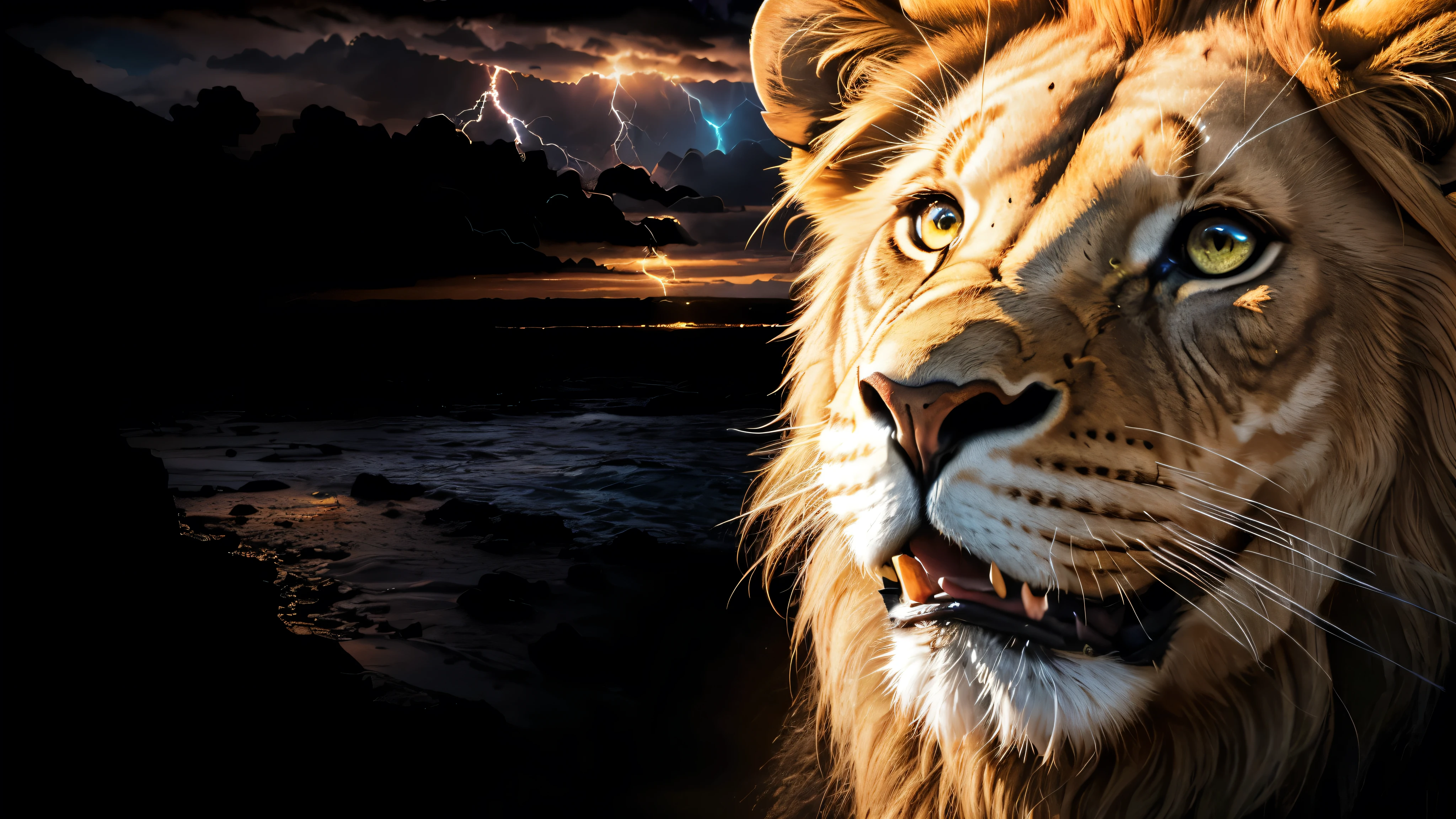 Lion, Divine Lion, naturals, Thunders, Realistic Lion, rey, realistic detailed, Sunset Light, Sky, Night Sun, realistic detailed 16K, Eletricidade Detalhada 8K, Texturas realistas de 8K, Cores photorrealistic 8K, fire azul, realistic detailed Fire Bolt, Sky Light Detailed, Power of thunder, Divine realistic, golden crown, golden crown, golden crown, naturey, Linda, Rendering, photorrealistic, UltraHigh definition, 4K, detailed textures, thunder, detailed shadows, detailed colors, neon blue, blue light, lightnings, blue power, naturey Linda, Great Divine, Peaceful Face, naturalss, lightning, Electric Power Screw, detailed contrast, realistic contrast, high resolution, detailed colors, fire, villany, divine creature, 8K FullHD, realistic detailed, 16K, 8K, High definition, detailed contrast, realistic contrast, high resolution, detailed colors, fire, villany, divine creature, 8K Realistic Lion Face, realistic detailed, posh, elegance