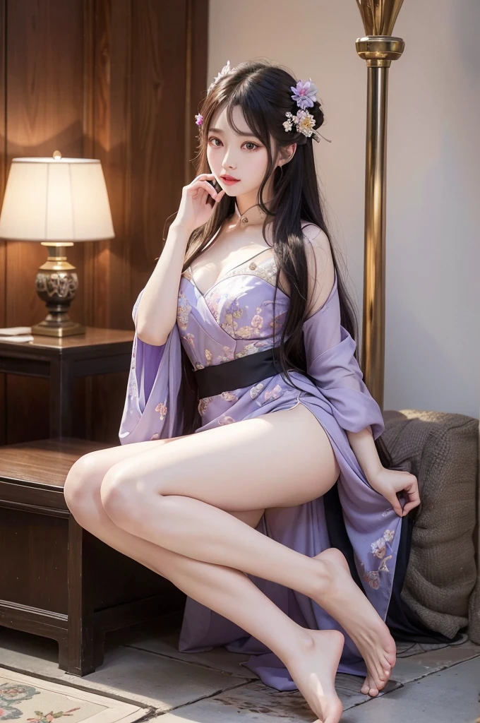 Attractive beauty、Draw a female figure with long flowing hair。In her head、Decorated with gracefully curved corners。She is wearing traditional East Asian clothing.、It features floral patterns and intricate embroidery.。Her hair was decorated with delicate flowers and jewellery.、It gives off a quiet and mysterious aura.。Butterflies flutter around her、It enhances the fantastical texture of the scene.。The colors are soft and harmonious、Focus on natural tones、Evokes a sense of tranquility、Attractive oval face、double eyelid、Clear Eyes、purple eye shadow、Red lips、Beautiful slim legs、Tight ankles、Ultra-high resolution、The Ultra-detailed、Elegant standing posture、Create a slender lower body curve、Expressing mature femininity、Highest quality、8K、Ultra-detailed、I、9 heads、night、Move your spirit、darkness、Attractions、Brainwashed、Evil堕落、Evil、暗darkness