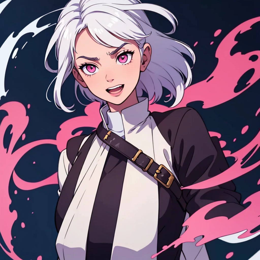 short white hair, highres, high resolution, masterpiece, wide dark pink eyes, looking right, looking towards the right, looking rightward, head looking down, facing down, looking straight down, looking seriously down, looking into camera, head tilting down, head facing down, talking, grinning, confident, masterpiece, best quality, highres, 1 man, Gojo Satoru jujutsu kaisen, wavy hair, white hair, medium short hair, teenager, colorful hair, light background, full body, teenager, colorful parts, symbols, dark , bold, realistic mixing dark lines and loose lines, bold lines, on paper, human man, full body, imposing pose, stylish outfit, dark theme, beautiful, pretty, modest, standing, male, sharp chin, high cheekbones, white background, highres, high resolution, masterpiece, mouth open, talking speaking, yelling, screaming, happy, smiling