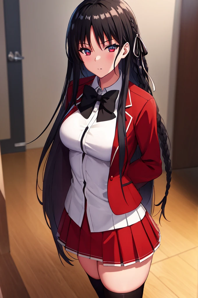 (masterpiece:1.3), (best quality:1.2), (8k, ultra detailed, ultra high res:1.2), (anime style), perfect 5 fingers, perfect anatomy, arms behind back,
1girl,
Suzune Horikita,
Suzune Horikita \(youjitsu\),
BREAK long hair, braid,
black hair,
red eyes, (focus detailed eyes:1.2),
blue bow,
(medium breasts:0.9),
BREAK (red jacket:1.1), long sleeves, white skirt, pleated skirt, (black thigh-high socks:1.5),
looking at viewer,
cowboy shot,
perfect light, indoor, class room,
