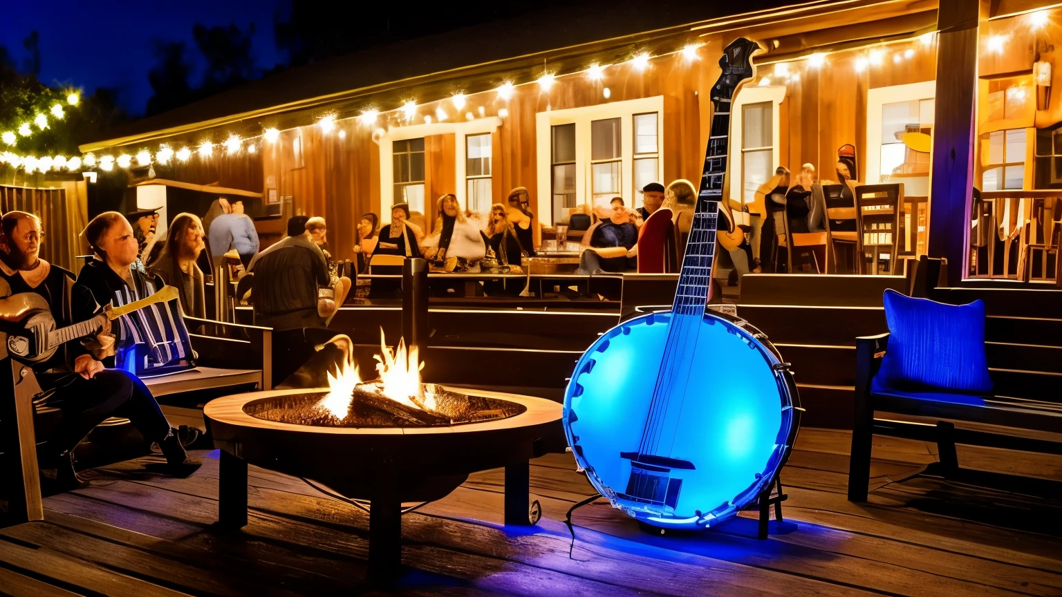 Outdoor party: Create a scene of a shiny, polished banjo resting on a wooden bench next to a roaring fire. Ao fundo, laughter and live music can be heard, as the southern night progresses in a celebratory mood.