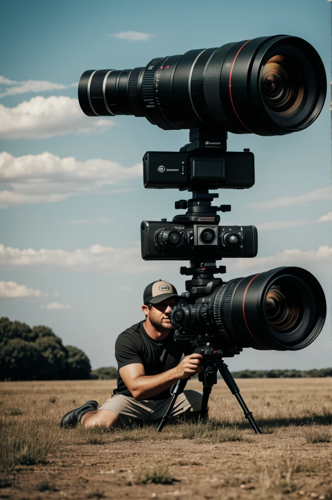 A man rolling on a giant camera lens