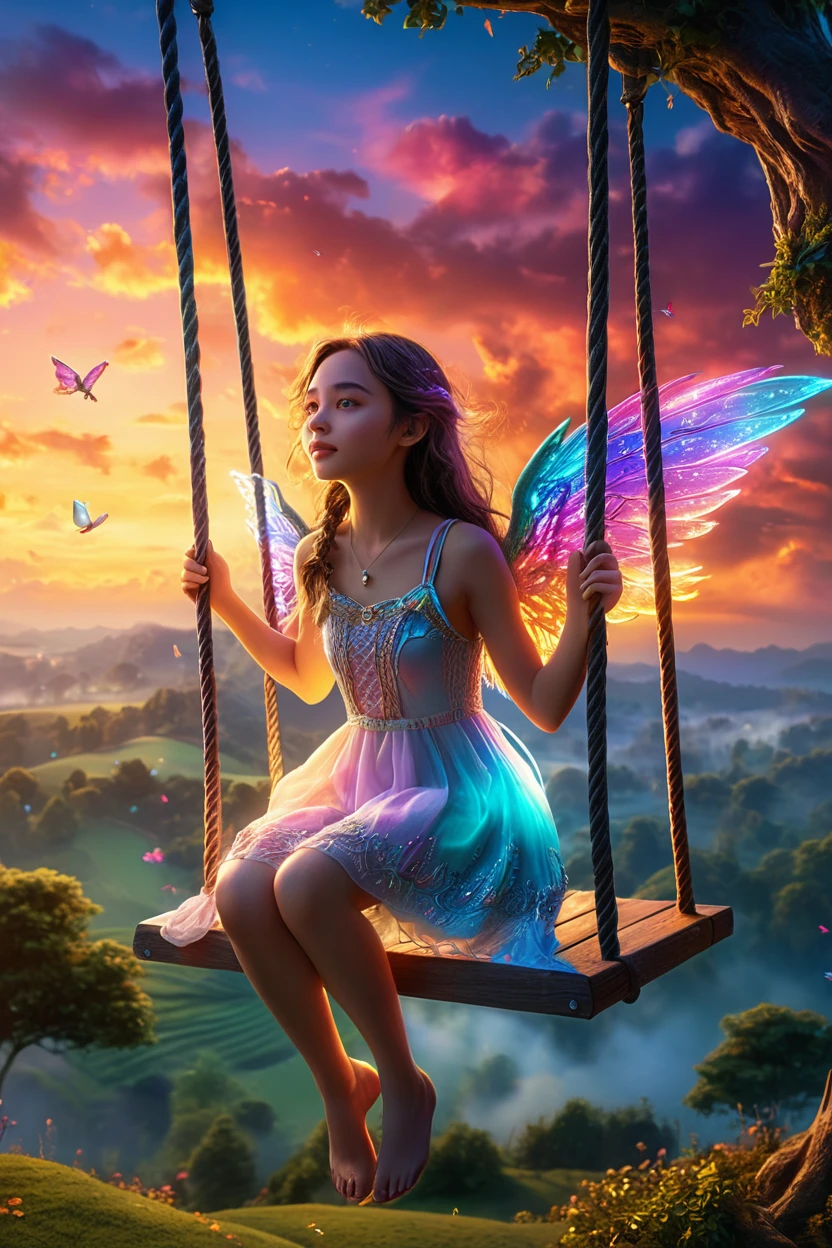 beautiful detailed wings, girl on a swing, ethereal fantasy landscape, glowing sunset sky, vibrant colors, magical, cinematic lighting, intricate details, dreamlike, highly detailed, photorealistic, masterpiece, 8k, (best quality:1.2), (extremely detailed:1.4), (ultra-detailed:1.4), (photorealistic:1.37), (masterpiece:1.2)