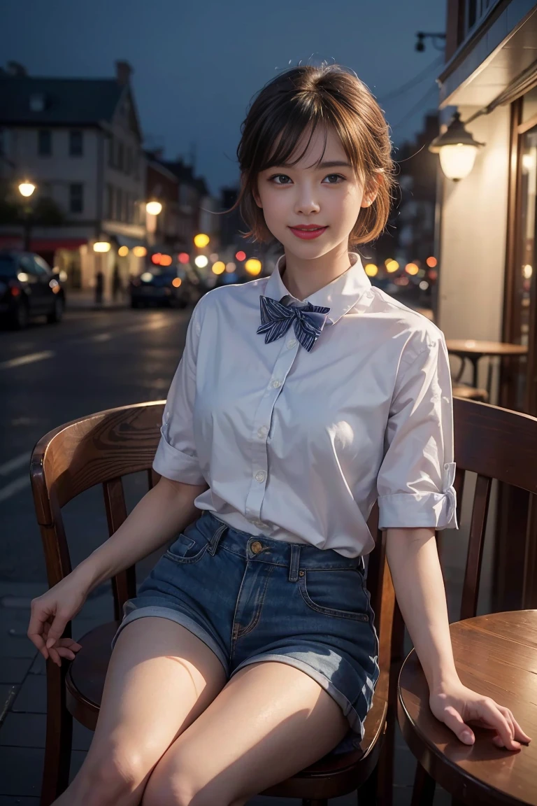 (8K, RAW Photos, Highest quality, masterpiece:1.2), (Realistic, photo-Realistic:1.37), Super detailed, 1 Girl,cute, alone,Beautifully detailed skies,Detailed Cafe,night,Sitting,Date,(Red nose),(smile:1.1),(Mouth closed), Medium chest,Beautiful attention to detail,(Collared shirt:1.1), bow tie, blue short,(Medium Hair:1.2),Floating Hair