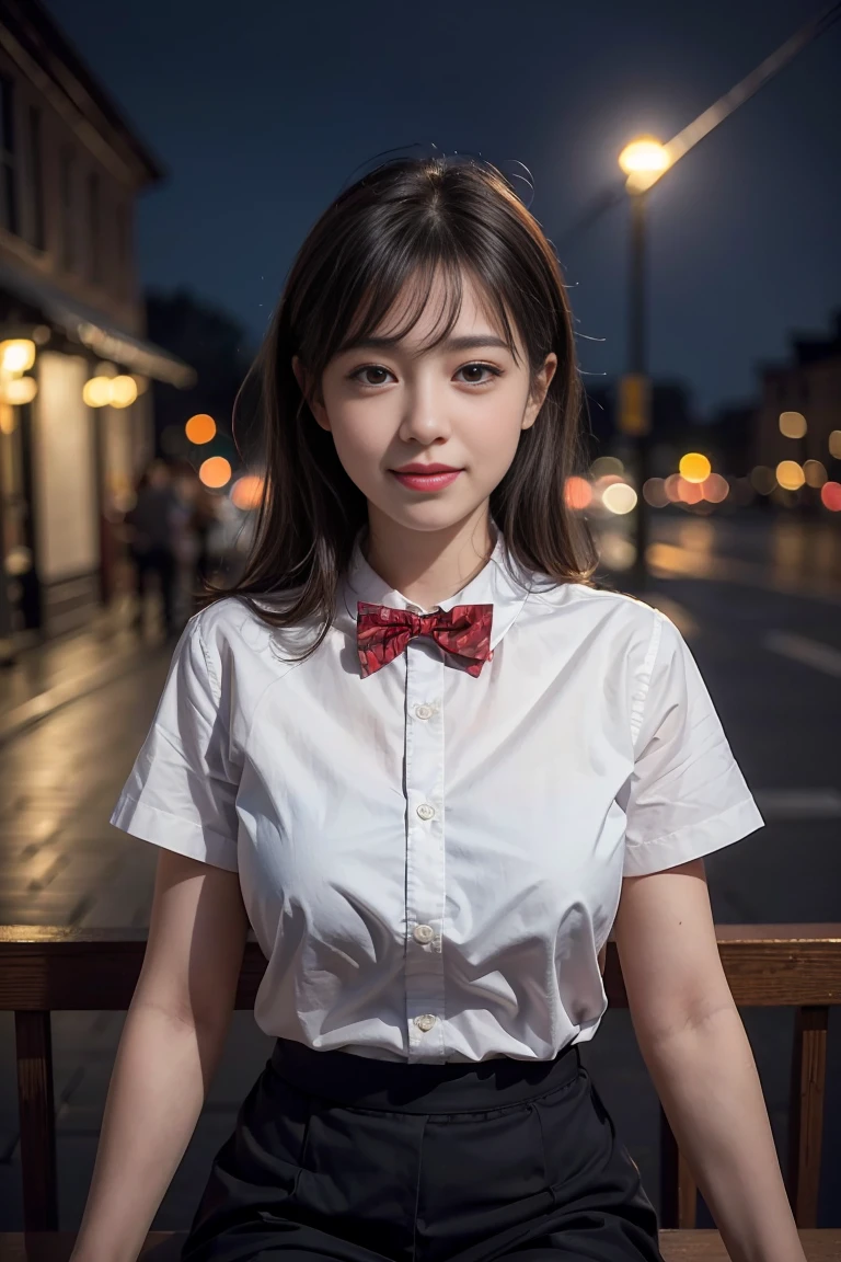 (8K, RAW Photos, Highest quality, masterpiece:1.2), (Realistic, photo-Realistic:1.37), Super detailed, 1 Girl,cute, alone,Beautifully detailed skies,Detailed Cafe,night,Sitting,Date,(Red nose),(smile:1.1),(Mouth closed), Medium chest,Beautiful attention to detail,(Collared shirt:1.1), bow tie, blue short,(Medium Hair:1.2),Floating Hair