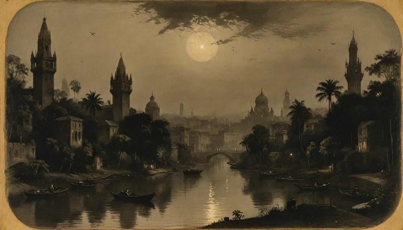 {{monochrome daguerreotype on old paper, masterpiece, high quality}}, (by James McNeill Whistler), the composition is: (((the distant Dusk view of a colossal, jungled, high towered metropolis with Roman, Mughal and Baroque details, minarets, bridges))), ((there are two moons in the skies, in a river of lurid waters, in a jungle that is tropical, lush, with boats, lanterns and moths flying))
