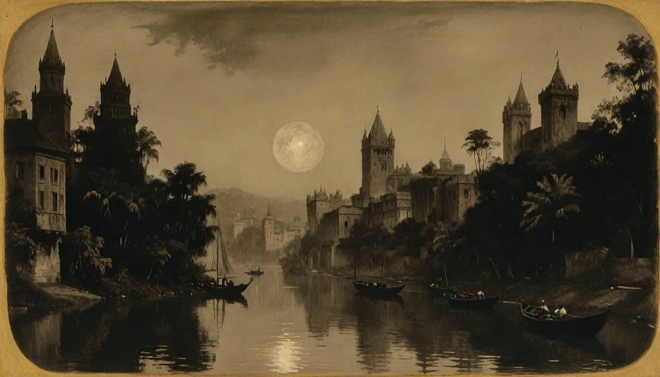 {{monochrome daguerreotype on old paper, masterpiece, high quality}}, (by James McNeill Whistler), the composition is: (((the distant Dusk view of a colossal, jungled, high towered metropolis with Roman, Mughal and Baroque details, minarets, bridges))), ((there are two moons in the skies, in a river of lurid waters, in a jungle that is tropical, lush, with boats, lanterns and moths flying))