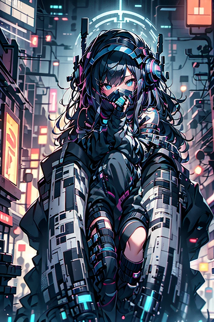 Highest quality、masterpiece、night、Headphones、cyber punk、Cyber City、Sitting on high ground、Long Shot、Wide Shot、One Girl