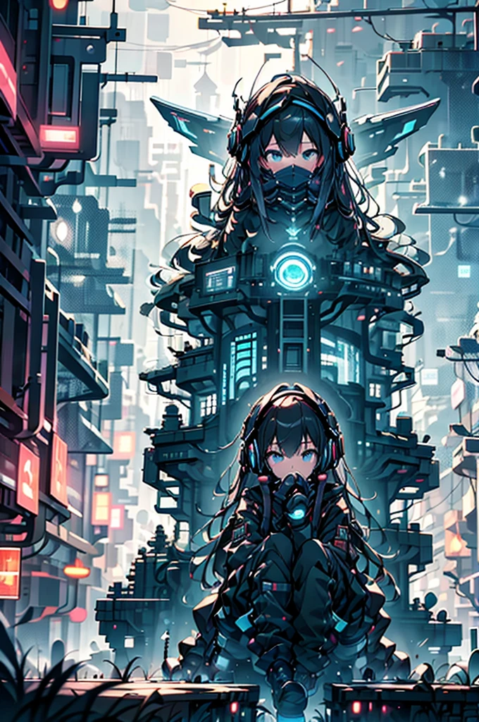 Highest quality、masterpiece、night、Headphones、cyber punk、Cyber City、Sitting on high ground、Long Shot、Wide Shot、One Girl