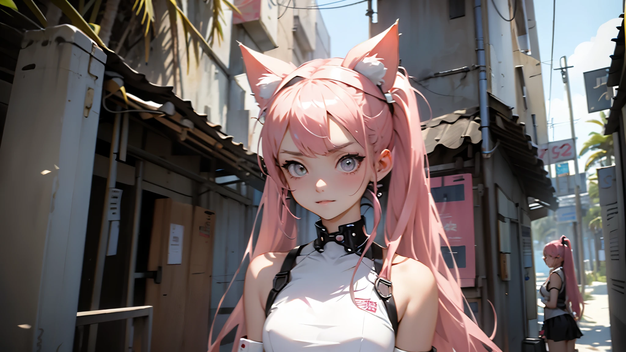 Beautiful woman pink twin tail long hair、short clothes in cyberpunk style、Put on cat ears、Glaring at the Viewer、facing forward、A slight smile、beach、palm trees