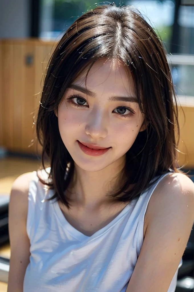 (Best quality, 8K, Masterpiece :1.3)), 1girll, Pretty woman with slender abs, (Long hair, Ultra-detailed face, Detailed eyes, double eyelid, sweat shorts, Extreme shorts, Korean girl, Soft lighting, Depth of field, Sexy pose, gym, kpop, idol, perfect body, high detailed face, clear face, smiling at the camera , full body