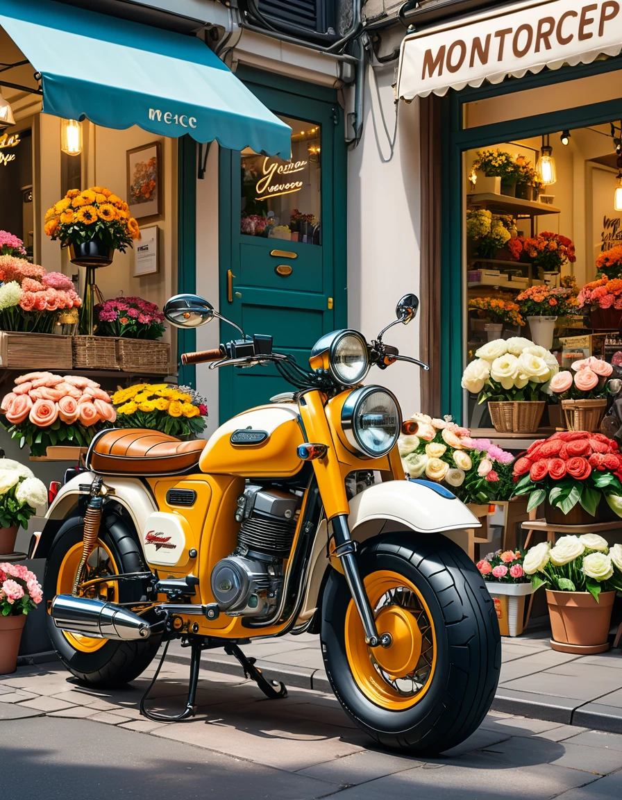 A retro electric motorcycle is parked in front of the flower shop, High-quality artworks created by master artists， best quality, 