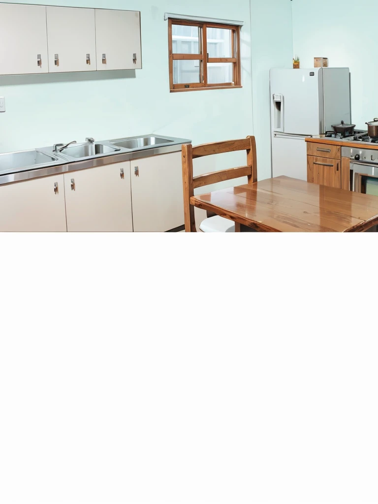 A kitchen white cabinets a wooden table and a wooden chair a silver stove with red buttons a white refrigerator and a window with daylight fantastic art 8k ultra realistic