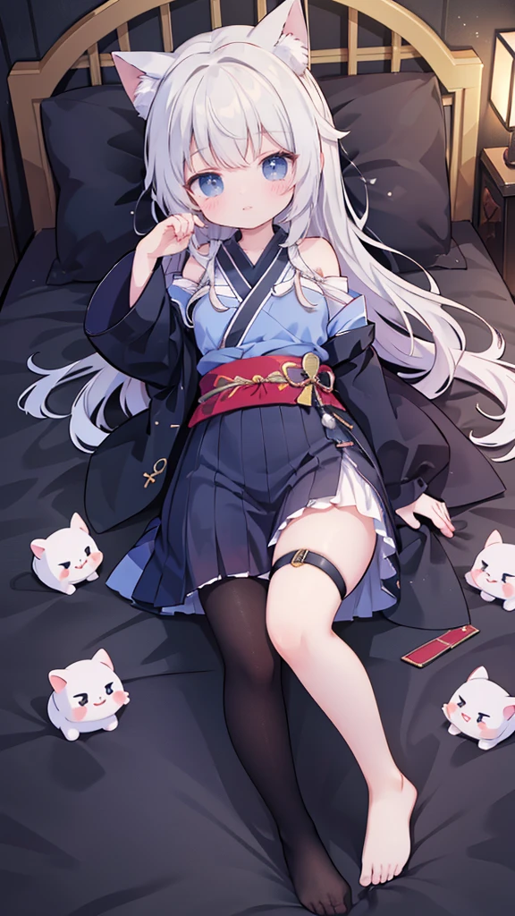 長長的黑髮和貓耳朵Lying in bed的動漫女孩,has blue eyes,shy,pixiv,under art,,Trending on artstation pixiv,Anime visual of a cute girl,guweiz on pixiv artstation,Anime cute art style,azur alley style,seductive anime girl,Lying in bed,hands raised