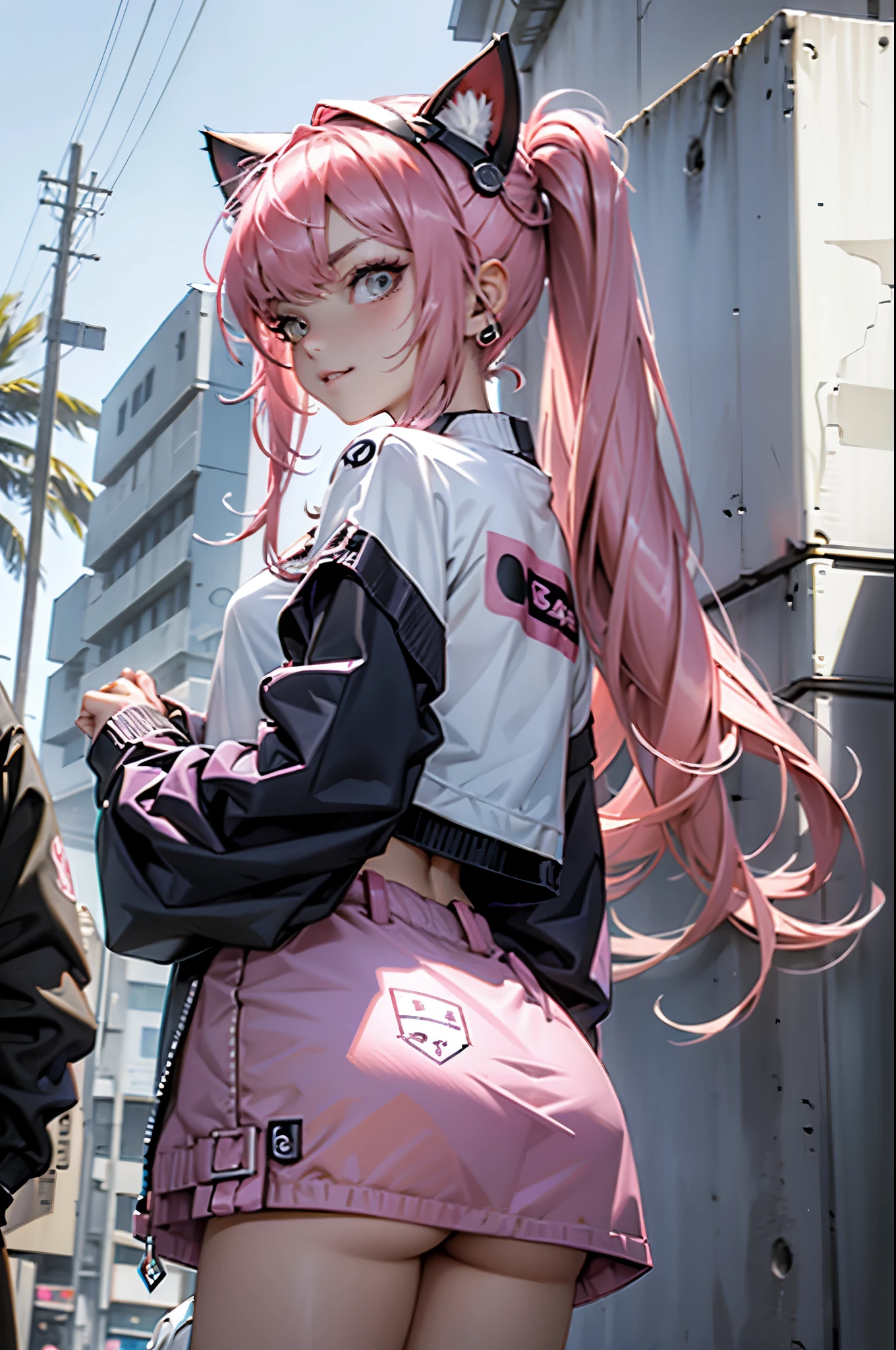 Beautiful woman pink twin tail long hair、short clothes in cyberpunk style、Put on cat ears、Glaring at the Viewer、facing forward、A slight smile、beach、palm trees