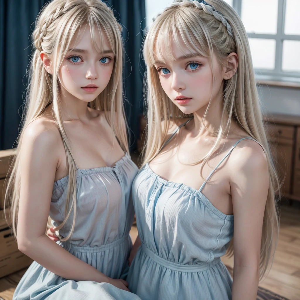 Beautiful realistic girl HD: long white hair tied with three-strand bangs and blue eyes, red fitted dress. full body image. fund: baile