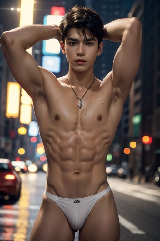  new york city neon light, young latin male boy, short beard,on a busy street in New York City, amazing landscapes of new york, people in the background, new york night light, spectacular night, Foto de whole body, very wet body,  Very thin transparent white thong.., Proudly showing off her sweaty armpits, and his grown member, completely naked only wearing transparent thong, wearing a necklace on the neck, 15 year old boy, very young boy, (Brooke, 15 year old Hollywood actress model.) Cinematic soft lighting illuminates an incredibly detailed and ultra-realistic German supermodel.., long blonde hair, Clear honey eyes, captivating perfect smile, sensual, Attractive woman, incredibly pretty, showing off her sweaty body, perfect body constitution, slender, toned, whole body, 8k, Photography, Masterpiece, detailed face, detailed eyes, sexy, beautiful abdomen and beautiful legs and medium hard and detailed breasts, Delgado, detailed eyes and lips, sixpack and fit body. Image quality is of the highest level, with ultra-detailed features and a realistic appearance. The colors are bright and vibrant.., Improve overall aesthetics.. The lighting is soft and natural.., Casting a soft glow on the young Latino male, Don&#39;t merge the body