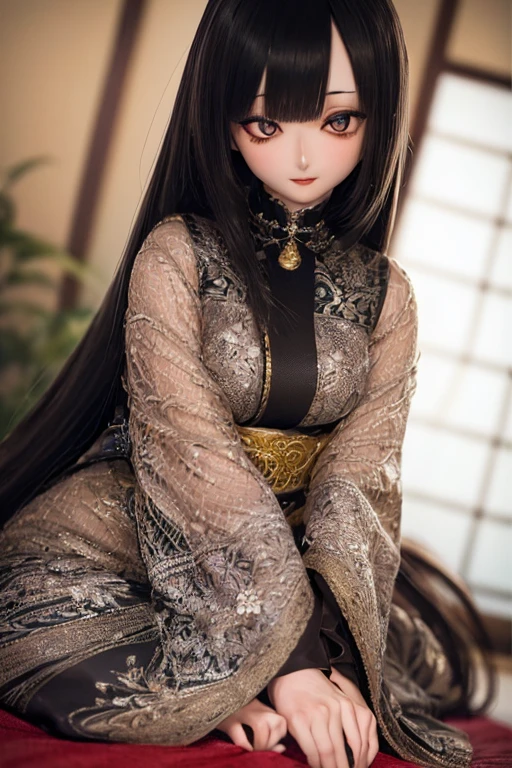 photorealistic, realistic photo, ((highest quality)), ((masterpiece)), ((extremely detailed)), kukolnydom, doll, (mature woman:2.1), solo, ((from front, seiza, skinny, slender, slim, black kimono, obi, obidome, hair ornament)), green eyes, parted lips, (black hair, long hair, looking at another, almond eyes, blank eyes, empty eyes, detailed eyes, detailed clothes:1.3), Japanese room, 8k