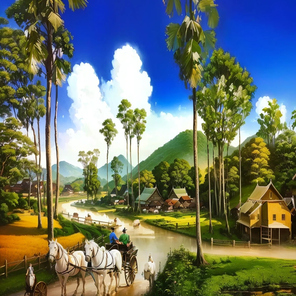 painting of a rural scene with a horse drawn carriage and a village, scenery artwork, beautiful oil matte painting, thailand art, tropical landscape, a beautiful artwork illustration, scenery art, rural landscape, landscape painting, landscape art, art work, countryside city scene, country landscape, scenery art detailed, 3 d virtual landscape painting, traditional art, gouache matte painting