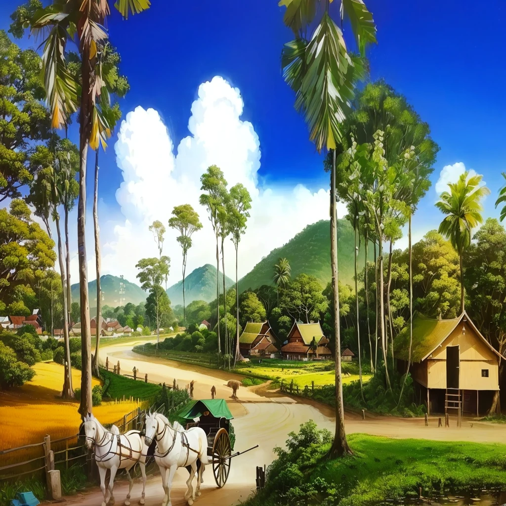 painting of a rural scene with a horse drawn carriage and a village, scenery artwork, beautiful oil matte painting, thailand art, tropical landscape, a beautiful artwork illustration, scenery art, rural landscape, landscape painting, landscape art, art work, countryside city scene, country landscape, scenery art detailed, 3 d virtual landscape painting, traditional art, gouache matte painting