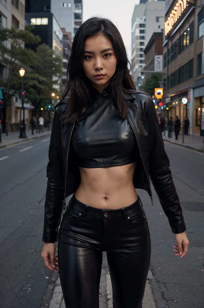 Slim Asian girl, black star-shaped top with cropped waist. Leather coat, tight pants In the middle of the road at night