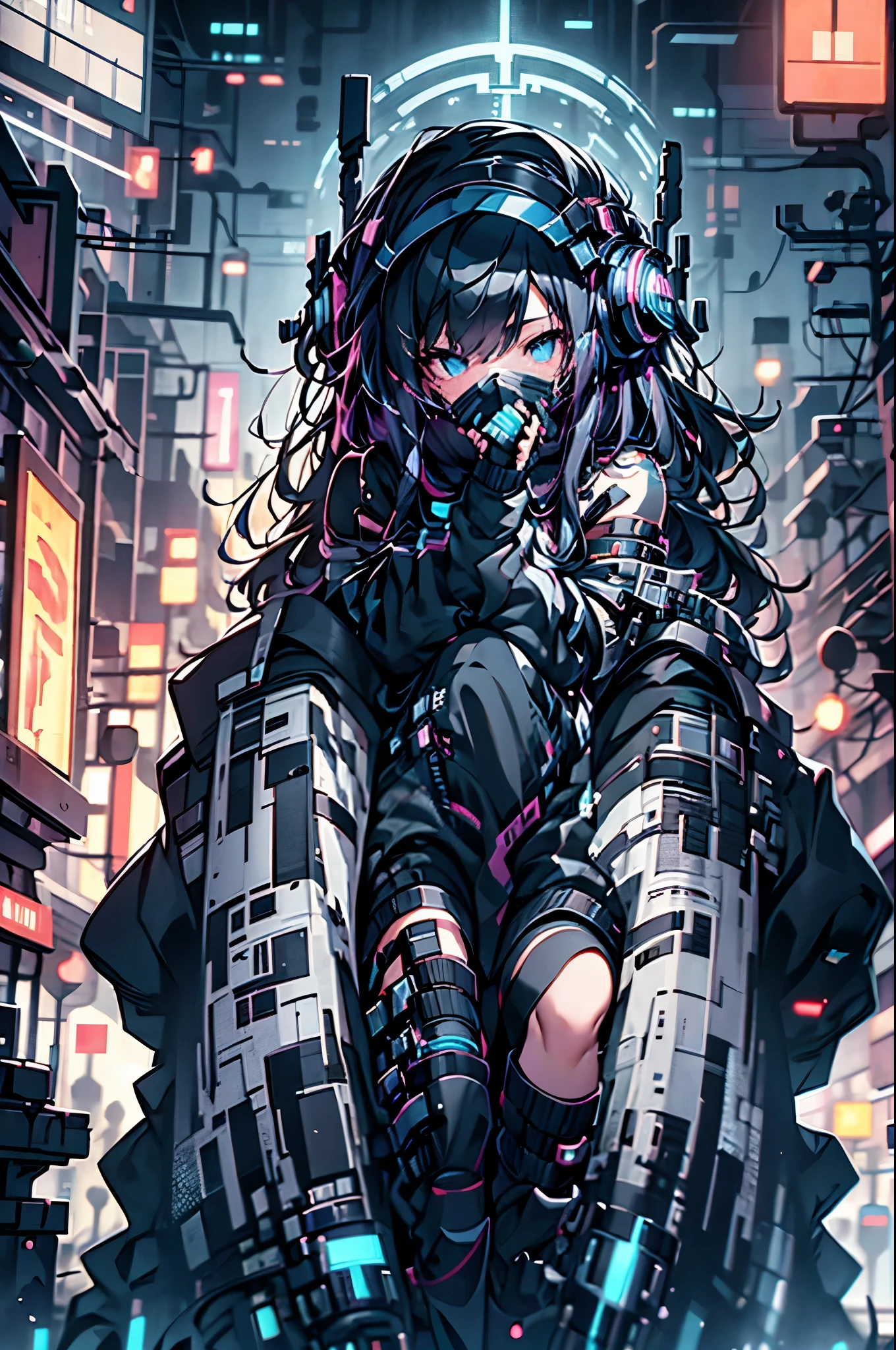 Highest quality、masterpiece、night、Headphones、cyber punk、Cyber City、Sitting on high ground、Long Shot、Wide Shot、One Girl