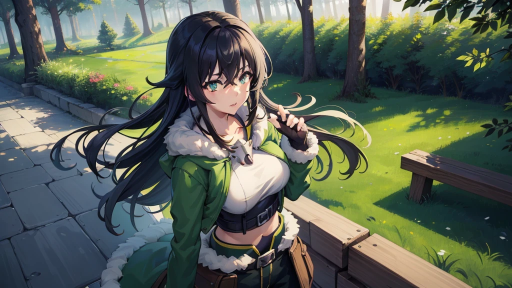 (masterpiece), Best quality, expressive eyes, perfect face, A high resolution, 1 girl, One, (female body:1.3), Iwatani Naofumi girl, black hair, green eyes, fur trim, armor, green raincoat, trousers, fingerless gloves, Open, the forest, trees, standing, portrait, I look at the viewer