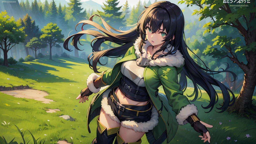 (masterpiece), Best quality, expressive eyes, perfect face, A high resolution, 1 girl, One, (female body:1.3), Iwatani Naofumi girl, black hair, green eyes, fur trim, armor, green raincoat, trousers, fingerless gloves, Open, the forest, trees, standing, portrait, I look at the viewer