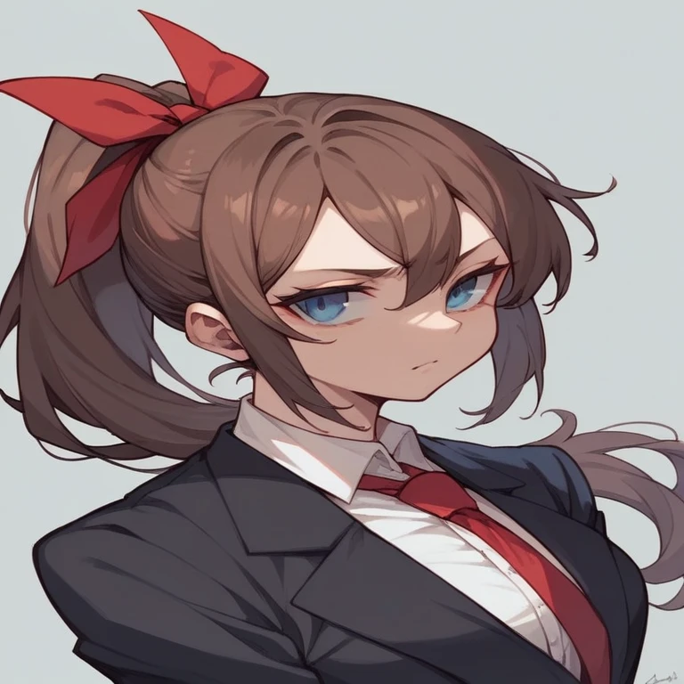 Korari is a girl, big blue eyes, brown ponytail hair, black suit and red ribbon.