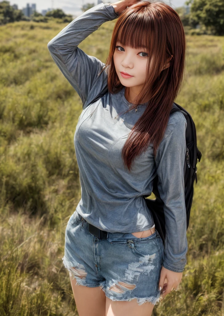 The vast sky, beautiful skyline, large grasslands, extremely tense and dramatic pictures, moving visual effects, high hanging Polaris, colorful natural glare. A girl in a long-sleeved top and denim shorts with a side backpack