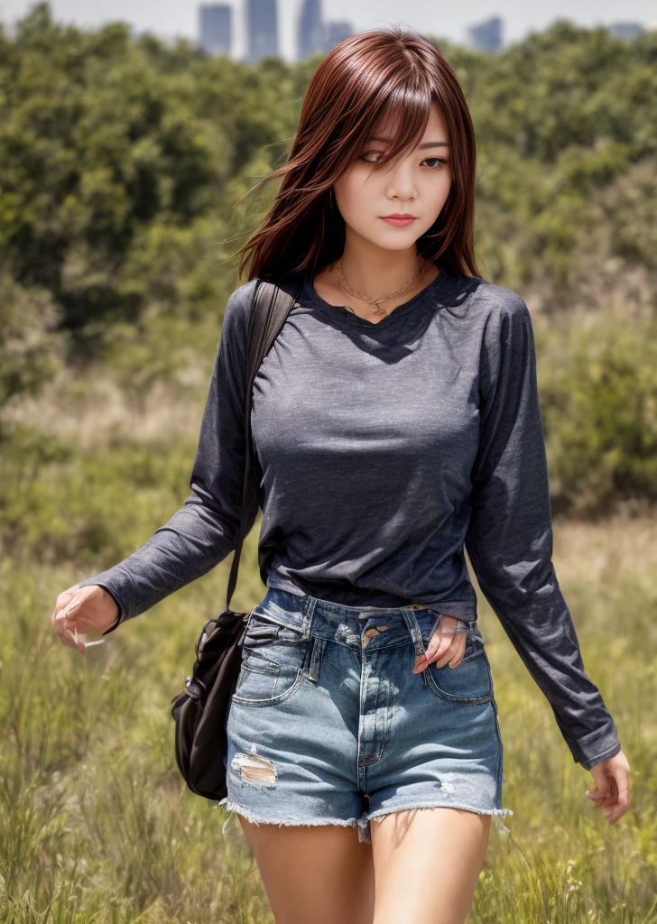 The vast sky, beautiful skyline, large grasslands, extremely tense and dramatic pictures, moving visual effects, high hanging Polaris, colorful natural glare. A girl in a long-sleeved top and denim shorts with a side backpack