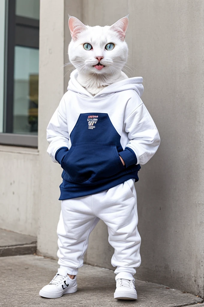 A white cat standing like a human wearing a hoodie with his pants tongue out