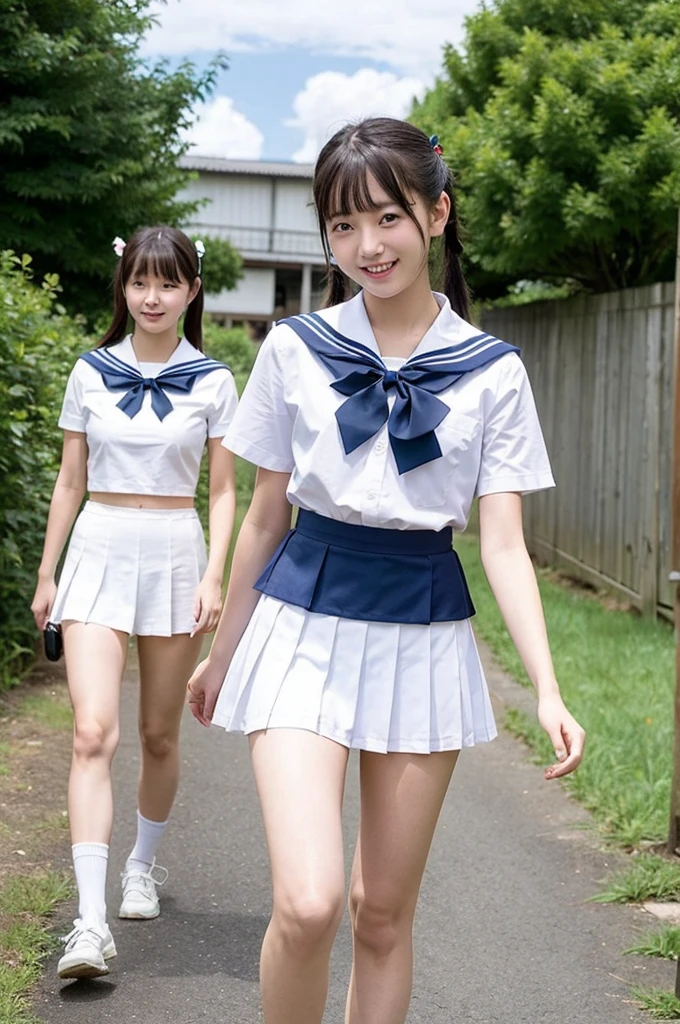 girls walking in rural station,long train on far side,cumulonimbus cloud in summer blue sky,white sailor shirt with red bow tie,white panties with navy blue frills,18-year-old,bangs,a little smile,thighs,knees,short hair with low pigtails bunches,from beside,front light