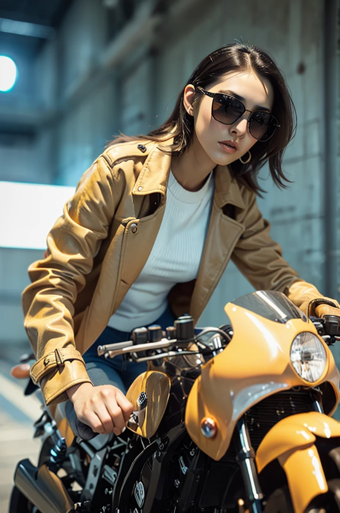 close up,Motorcycle girl,Beige long trench coat,Long hair,sunglasses,Boots,8K,Best quality,Super Fine,Hyperrealism,Photo effects,Rich in details,Meticulous portrayal