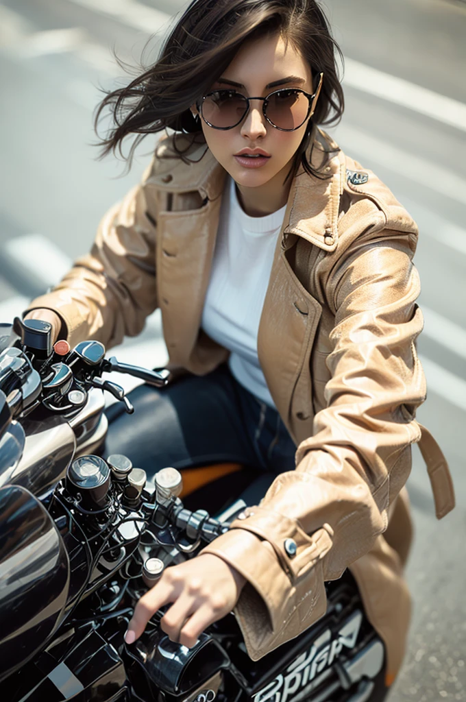 close up,Motorcycle girl,Beige long trench coat,Long hair,sunglasses,Boots,8K,Best quality,Super Fine,Hyperrealism,Photo effects,Rich in details,Meticulous portrayal