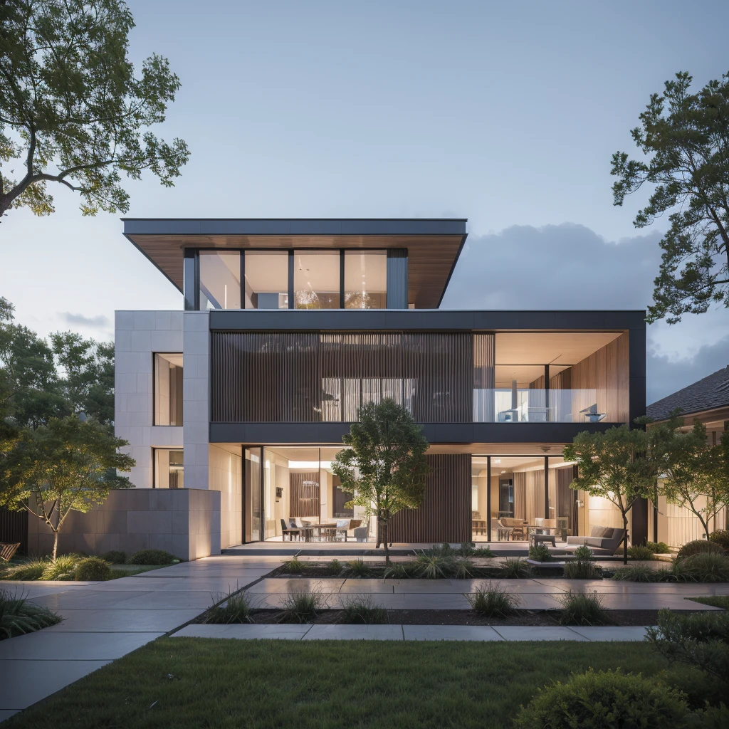 RAW photo, Exterior of two story white modern house, road, ((sidewalk)), ((sidewalk trees)), residences area, dawn time, overcast, fog, tropical trees and plants, (high detailed:1.2), 8k uhd, dslr, soft lighting, high quality, film grain, Fujifilm XT3, (sharpen:1.5)