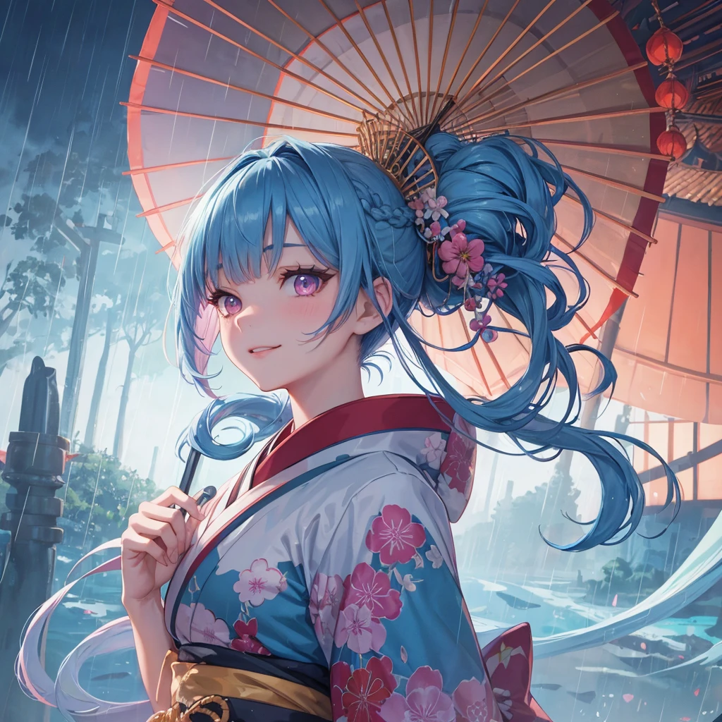 Sky blue hair, (Braided Ponytail),(Pink Eyes),Fair skin ,(whole body),(1 Girl),smile,Straight bangs,(masterpiece, Highest quality, Very detailed, Best Shadow), (Detailed Background), (Beautifully detailed face), High Contrast, (Best lighting, Very delicate and beautiful), ((Cinematic Light)), colorful, Hyper Detail, Dramatic Light, Intricate details,Rain showers,Kyoto,Japanese Umbrella,kimono,