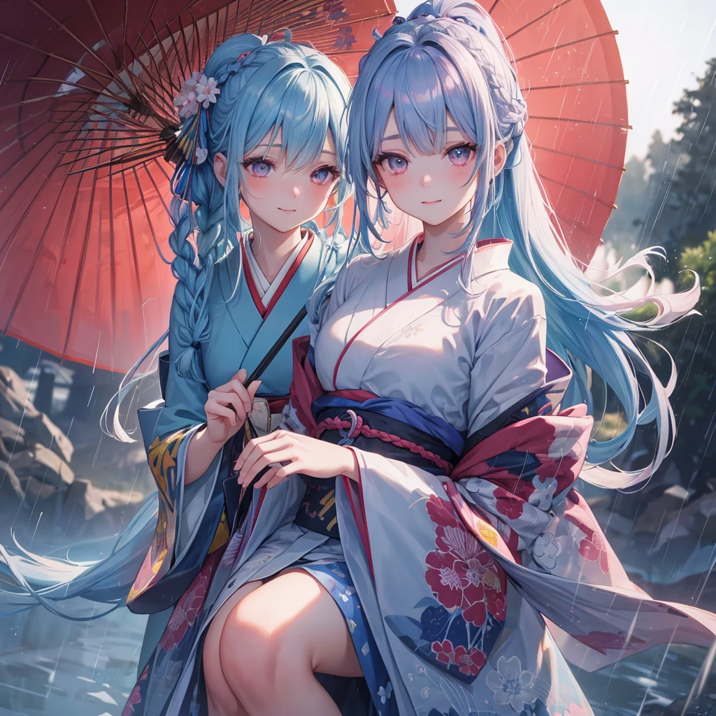 Sky blue hair, (Braided Ponytail),(Pink Eyes),Fair skin ,(whole body),(1 Girl),smile,Straight bangs,(masterpiece, Highest quality, Very detailed, Best Shadow), (Detailed Background), (Beautifully detailed face), High Contrast, (Best lighting, Very delicate and beautiful), ((Cinematic Light)), colorful, Hyper Detail, Dramatic Light, Intricate details,Rain showers,Kyoto,Japanese Umbrella,kimono,