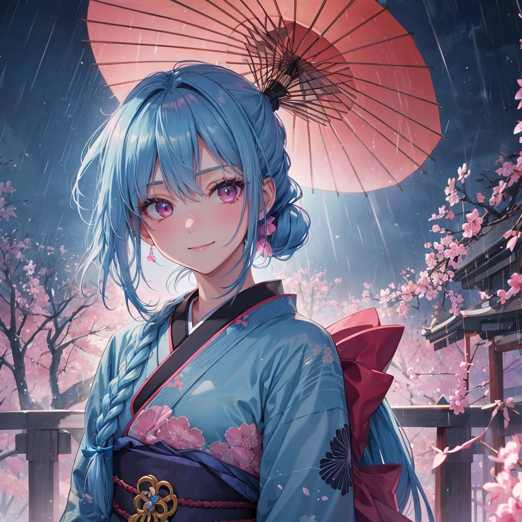 Sky blue hair, (Braided Ponytail),(Pink Eyes),Fair skin ,(whole body),(1 Girl),smile,Straight bangs,(masterpiece, Highest quality, Very detailed, Best Shadow), (Detailed Background), (Beautifully detailed face), High Contrast, (Best lighting, Very delicate and beautiful), ((Cinematic Light)), colorful, Hyper Detail, Dramatic Light, Intricate details,Rain showers,Kyoto,Japanese Umbrella,kimono,