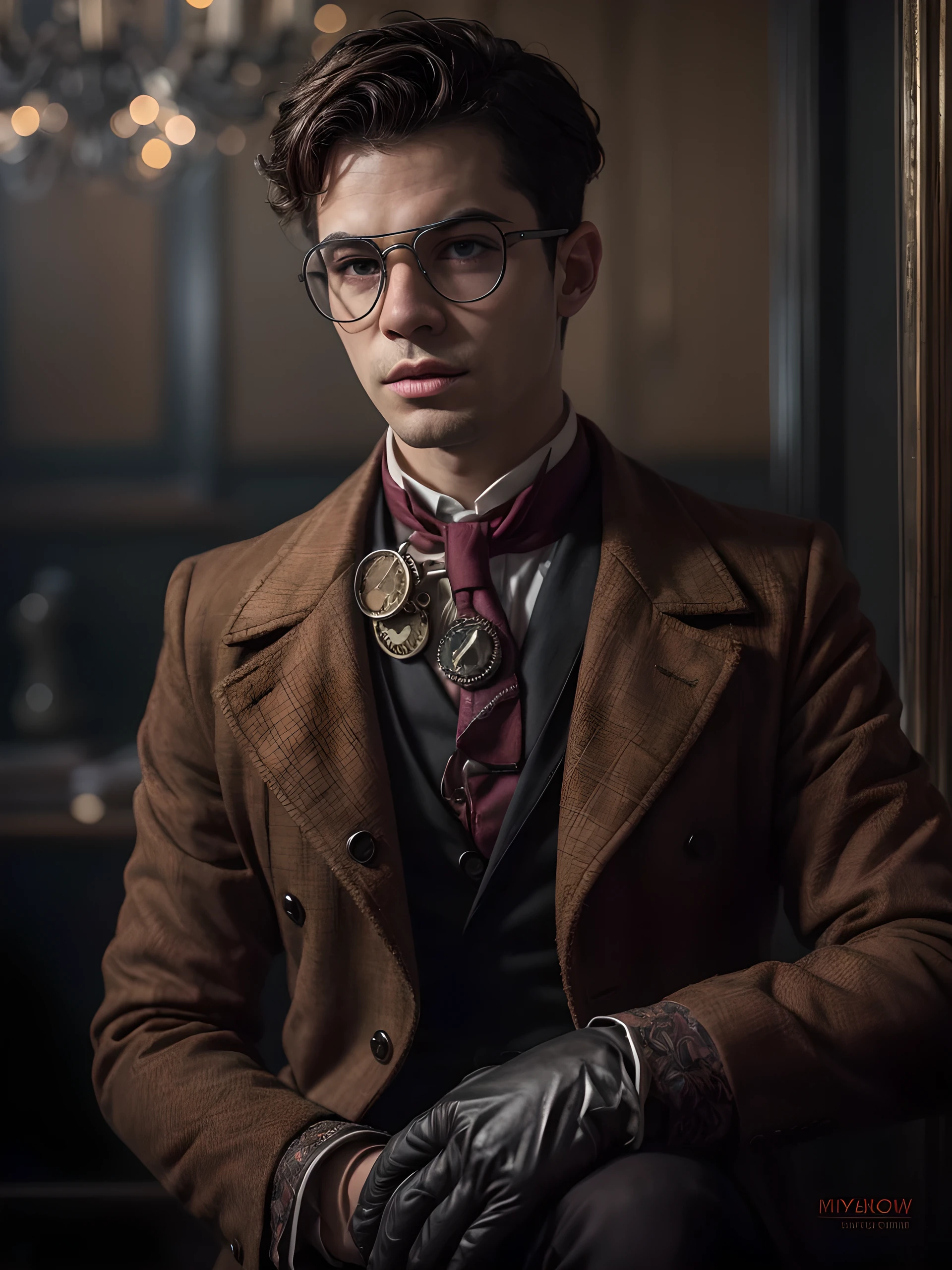(young man, elegant victorian man, detailed portrait, steampunk goggles, 1920s style clothing, cinematic lighting, cinematic composition, dramatic pose, detailed facial features, high quality, masterpiece, photorealistic, 8k, hyperdetailed, intricate details, sharp focus, cinematic atmosphere, moody lighting, dramatic shadows, highly detailed, ultra-detailed, cinematic color palette, warm tones, dramatic contrast)