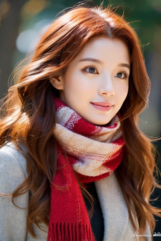 cool beauty, red hair, long wavy hair, only wear scarf, detailed aereola, detailed lips,