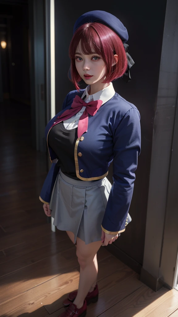 Top quality, 8k, 32k, Masterpiece, photorealistic, realistic, (photorealistic:1,4), solo, slight smile, dramatic lighting, professional makeup, breasts, (natural big breasts: 1.3), (seductive), beautiful white face shining, beautiful face, pink cheeks, beautiful lips, porcelain skin, detail intricate, super detailed, super high, highest detailed, high detailed, delicate, incredible detailed, fine detailed, cinematic lighting, top quality, smooth and beautiful, CG, unity, 8k wallpaper, Stunning, fine detail, unity CG wallpaper 8k ultra-detailed, large file size, masterpiece, best quality, highres, aakana, aakana, short hair, beret, red eyes, blue headwear, red bowtie, collared shirt, blue jacket, open jacket, long sleeves, grey skirt, standing, idle, full body, portrait