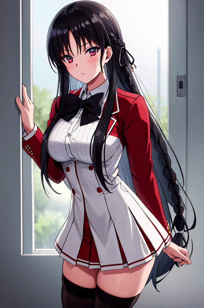 (masterpiece:1.3), (best quality:1.1), (8k, ultra detailed, ultra high res:1.1), (anime style), perfect 5 fingers, perfect anatomy, arms behind back,
1girl,
Suzune Horikita,
Suzune Horikita \(youjitsu\),
BREAK long hair, braid,
black hair,
red eyes, (focus detailed eyes:1.2),
blue bow,
(medium breasts:0.9),
BREAK (buttoned red jacket:1.1), long sleeves, white skirt, pleated skirt, (black thigh-high socks:1.5),
looking at viewer,
cowboy shot,
perfect light, indoor, class room,