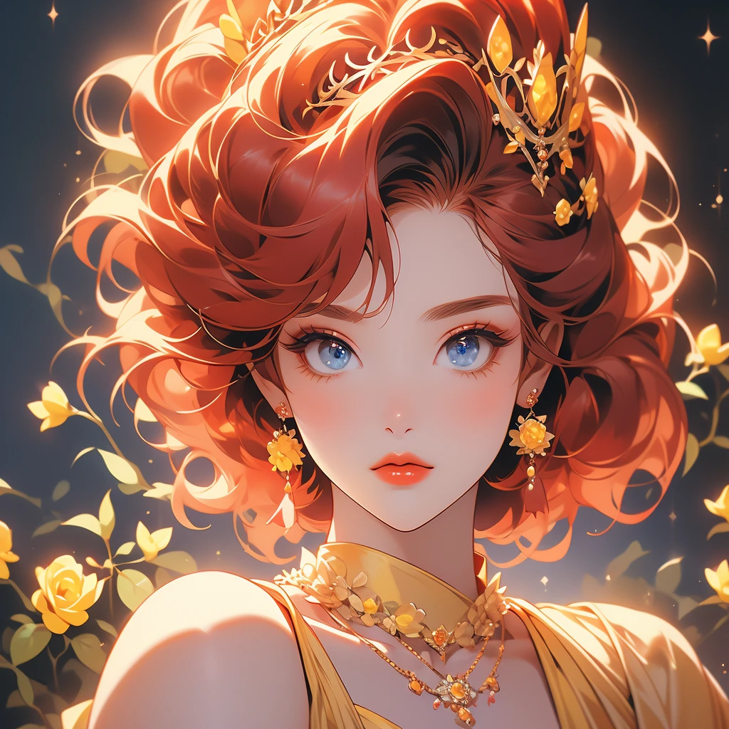 a woman with red hair and a tiara on her head in anime style, 1girl, jewelry, solo, yellow flower, earrings, red lips, blue eyes, red hair, makeup, looking at viewer, crown, short hair, eyelashes, yellow rose, bangs, necklace, lipstick, portrait, gem, bare shoulders, flower