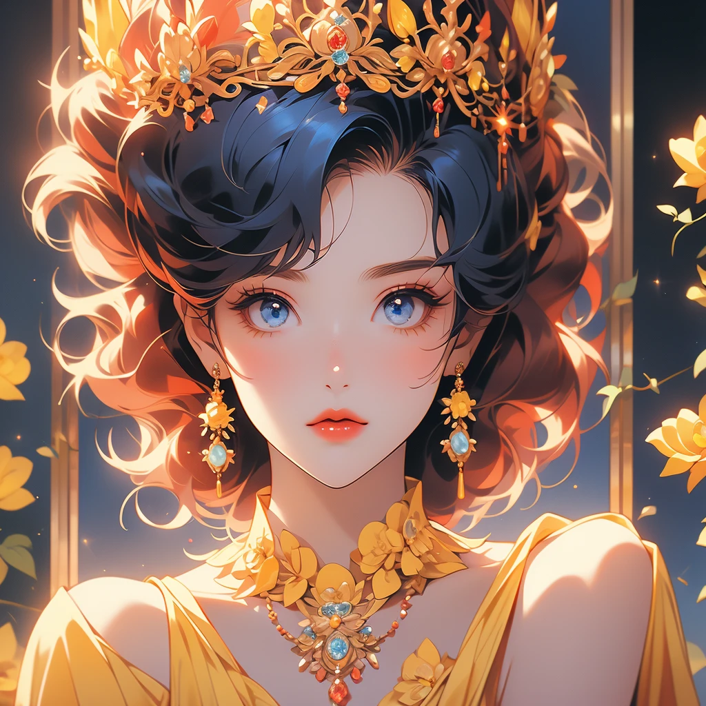 a woman with red hair and a tiara on her head in anime style, 1girl, jewelry, solo, yellow flower, earrings, red lips, blue eyes, red hair, makeup, looking at viewer, crown, short hair, eyelashes, yellow rose, bangs, necklace, lipstick, portrait, gem, bare shoulders, flower