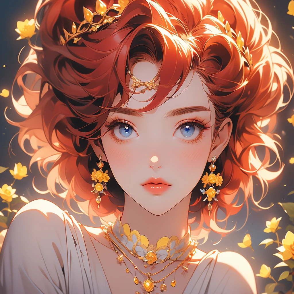 a woman with red hair and a tiara on her head in anime style, 1girl, jewelry, solo, yellow flower, earrings, red lips, blue eyes, red hair, makeup, looking at viewer, crown, short hair, eyelashes, yellow rose, bangs, necklace, lipstick, portrait, gem, bare shoulders, flower
