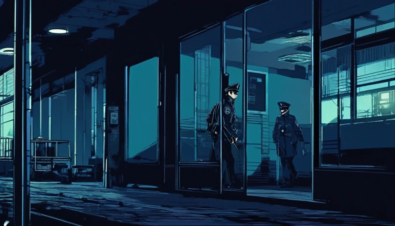 A police stalking on a hospital,dark anime style,retro