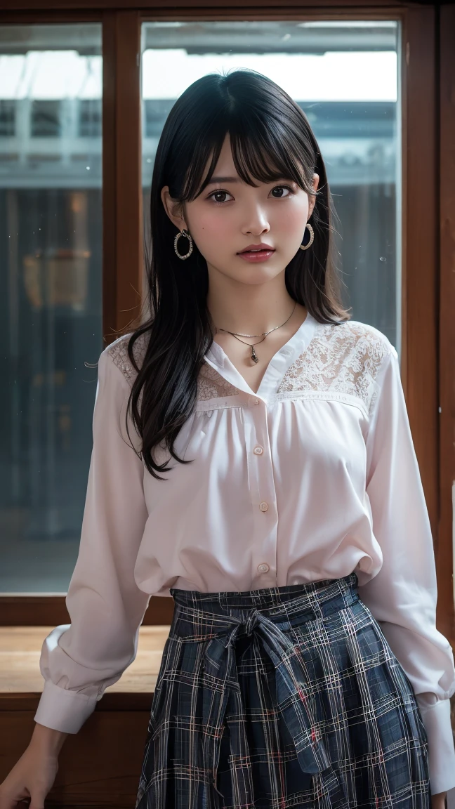 (highest quality、Tabletop、8k、Best image quality)、(One woman:1.2)、((lean forward posture)) 、 ((from the front))、(medium black hair)、(Smaller breasts)、Toned body、Waistline、(perfect beautiful teeth:1.1)、Natural Makeup、(beautiful thick legs:1.2)、(Perfect and realistic skin texture:1.2)、(Accurate anatomy:1.1)、sexy、(((flare skirt)))、(((Open white shirt)))、((Lace panties with attention to detail))