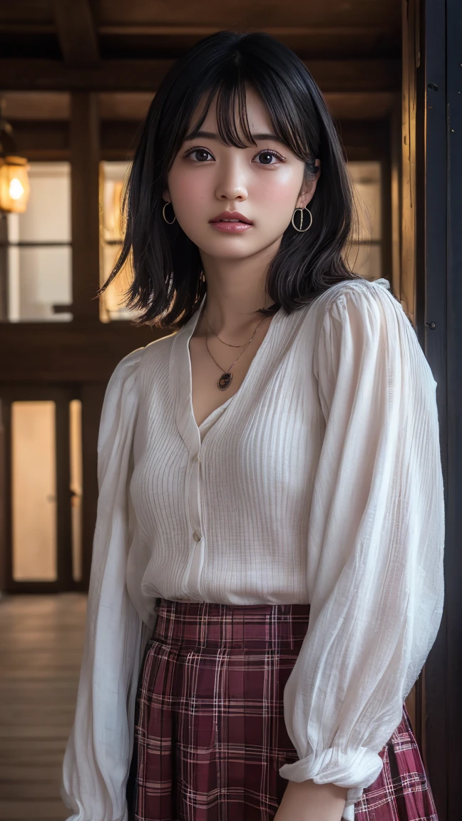 (Highest quality:1.4),(masterpiece:1.4),(Realistic:1.4),(Realistic:1.2),(超High resolution, RAW Photos:1.4),(High resolution, Ultra-detailed:1.2),(8K:1.2),View your viewers,Cinematic photography,One girl,skeletally correct,Black-haired woman,(Small earrings,necklace,Pink blouse,Checked long skirt,View from the front),(Western-style building interior,Dimly lit room,The lamplight shines on my cheeks)