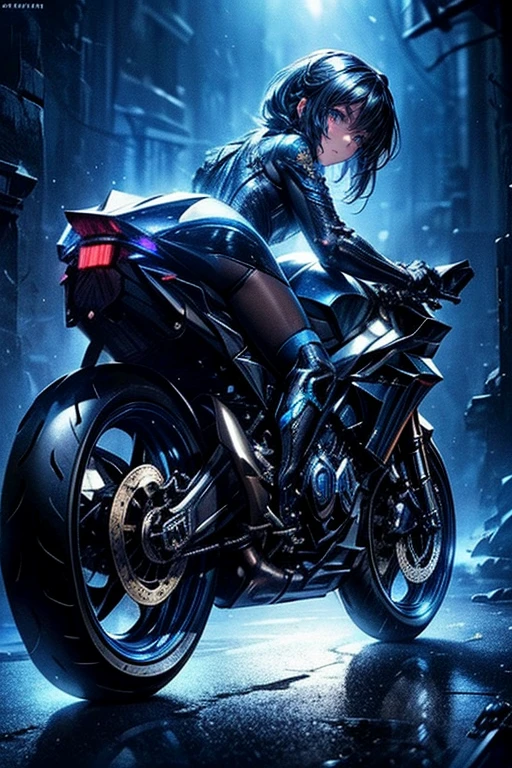 beautiful cute girl riding on motorcycle, a highly detailed, futuristic and dark custom motorcycle, sleek black bodywork, intricate mechanical details, glowing blue accents, dramatic lighting, cinematic atmosphere, photorealistic, 8k, best quality